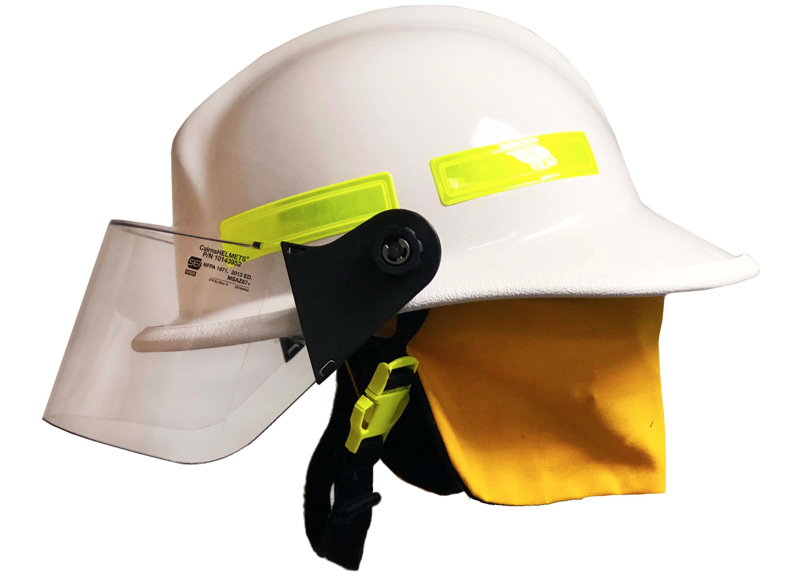 CAIRNS® - 660C Metro, White, 4“ Standard Faceshield, Standard Flannel Liner, Nomex Earlap, Nomex Chinstrap w/ Quick Release & Postman Slide, Lime/Yellow Reflexite