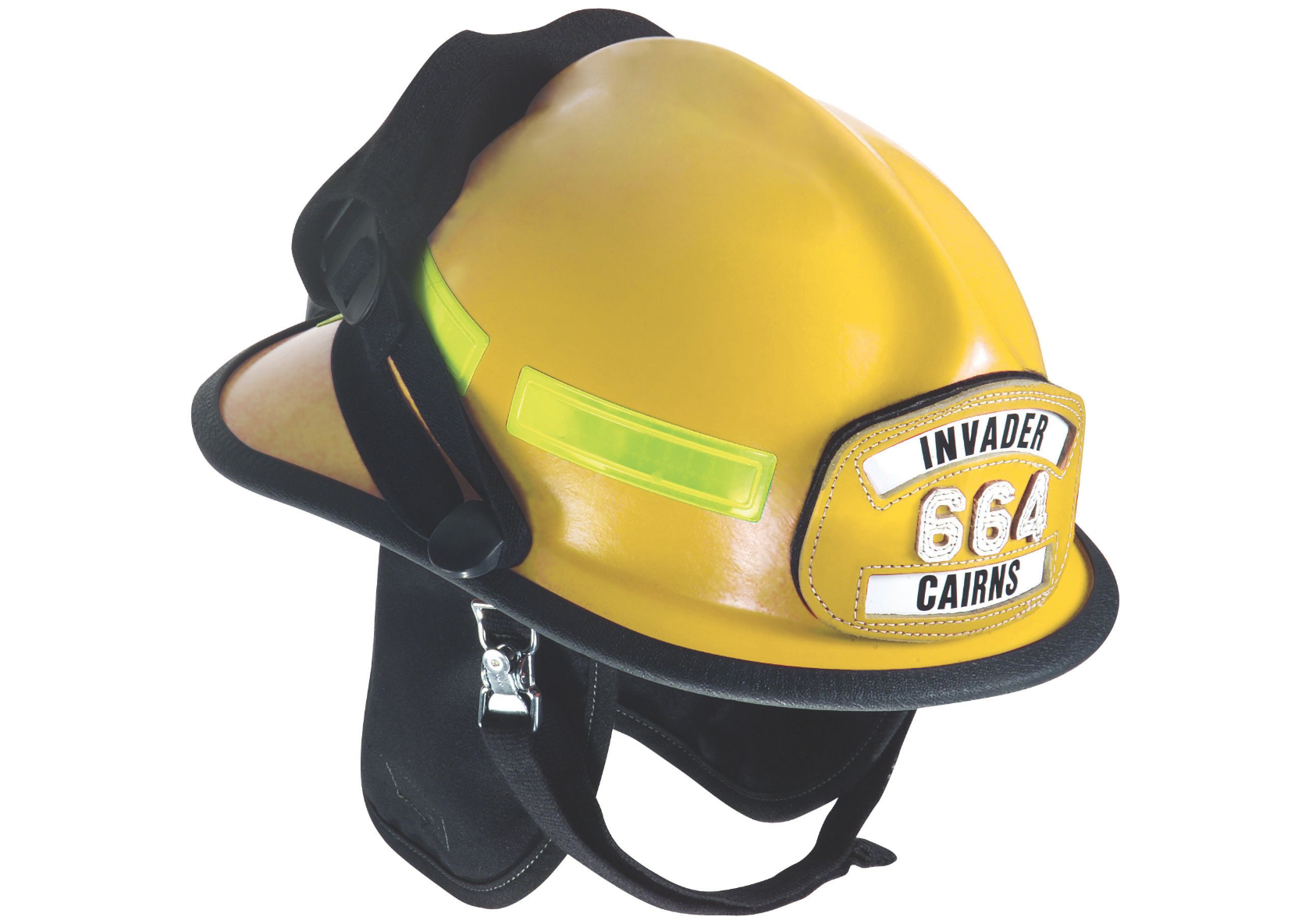 CAIRNS® - 664 w/ Defender, Yellow, Standard Flannel Liner, Nomex Earlap, Nomex Chinstrap w/ Quick Release & Postman Slide, Lime/Yellow Reflexite, Bar, yellow