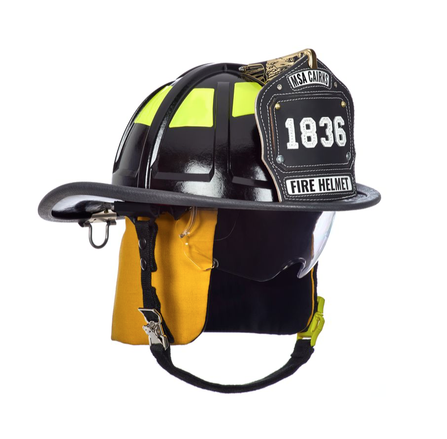 CAIRNS® - 1836  Black Fire Helmet, with standard liner, clear Defender Visor, yellow Nomex Earlaps, 6" Silkscreen eagle, Reflexite lime yellow
