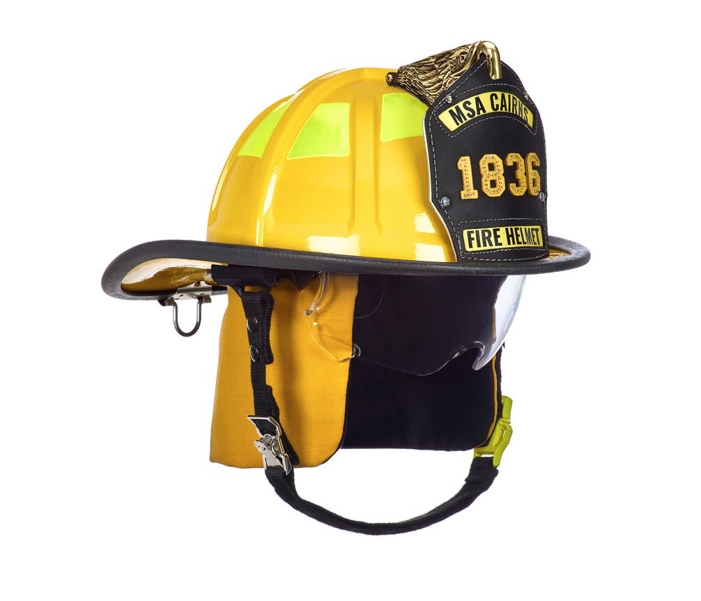 CAIRNS® - 1836 Yellow Fire Helmet, with standard liner, clear Defender Visor, Yellow Nomex earlaps, 6" carved eagle, Reflexite lime yellow