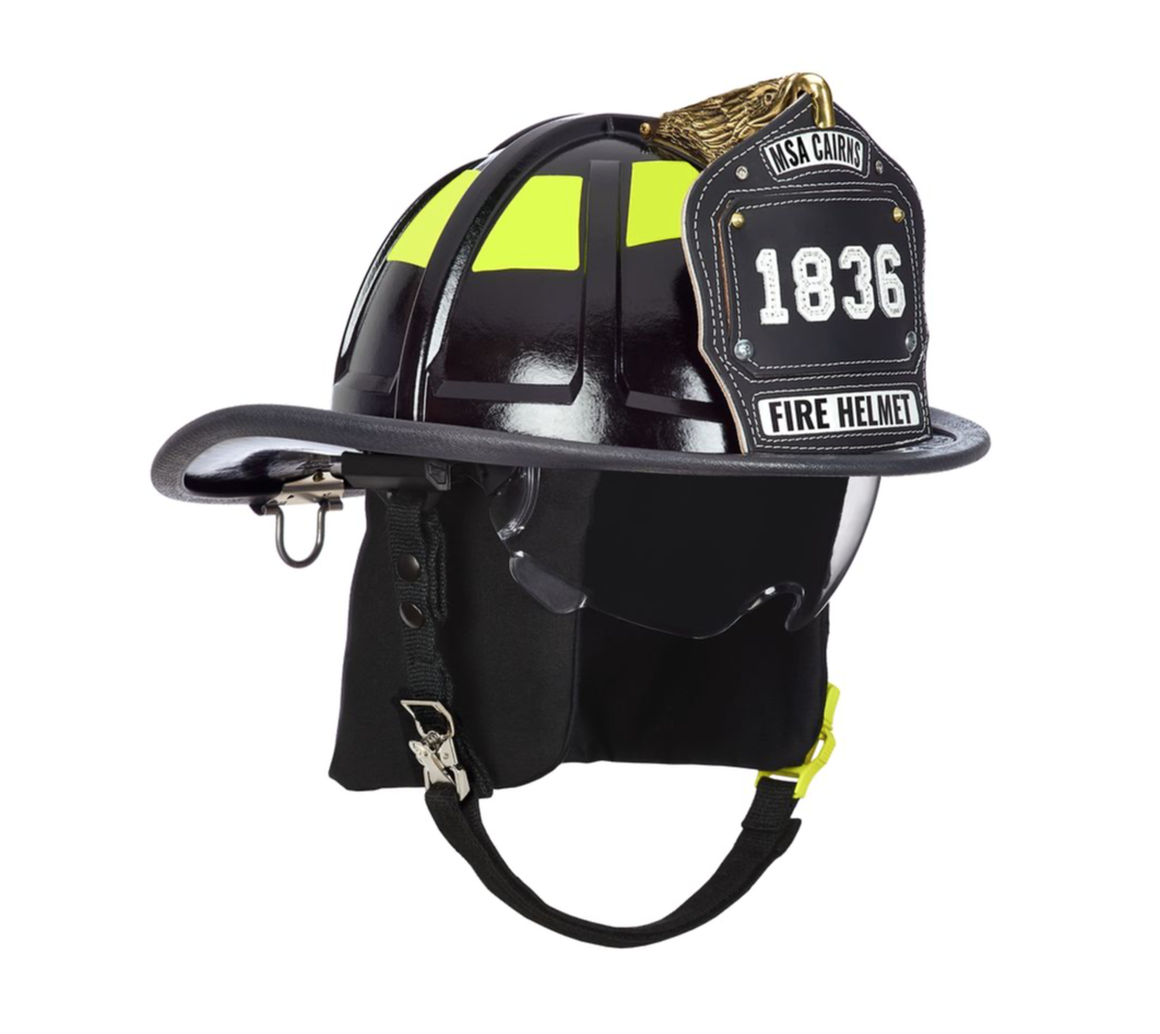 CAIRNS® - 1836 Black Fire Helmet, with standard liner, clear Defender Visor, Black Nomex earlaps, 6" carved eagle, Scotchlite lime yellow
