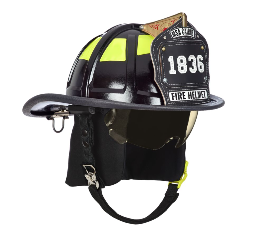 CAIRNS® - 1836 Black Fire Helmet, with standard liner, amber Defender Tuffshield Visor, Black Nomex earlaps, 6" maltese cross, Reflexite lime yellow