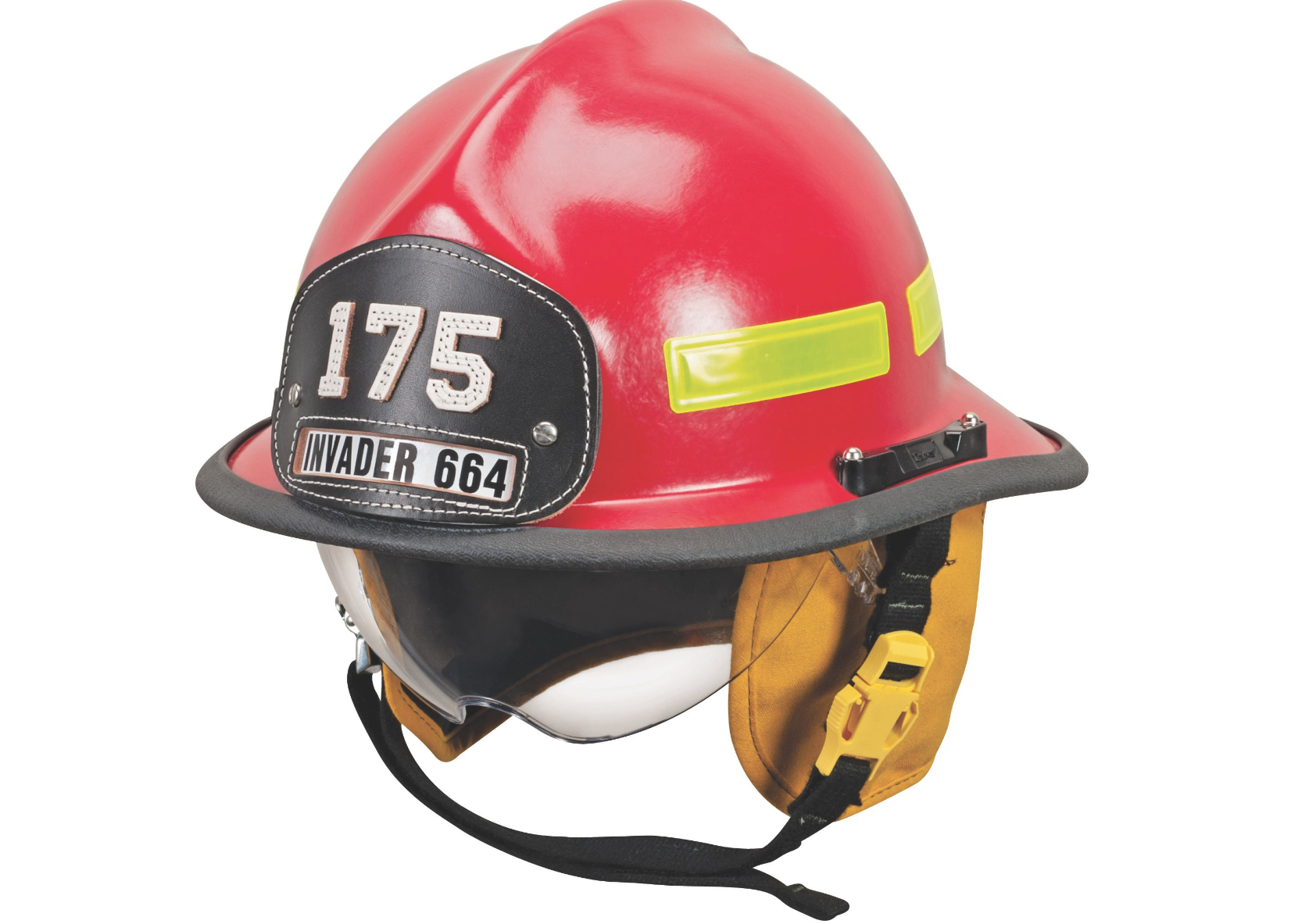 CAIRNS® - 664 w/ Defender, Red, Standard Flannel Liner, Nomex Earlap, Nomex Chinstrap w/ Quick Release & Postman Slide, Lime/Yellow Reflexite