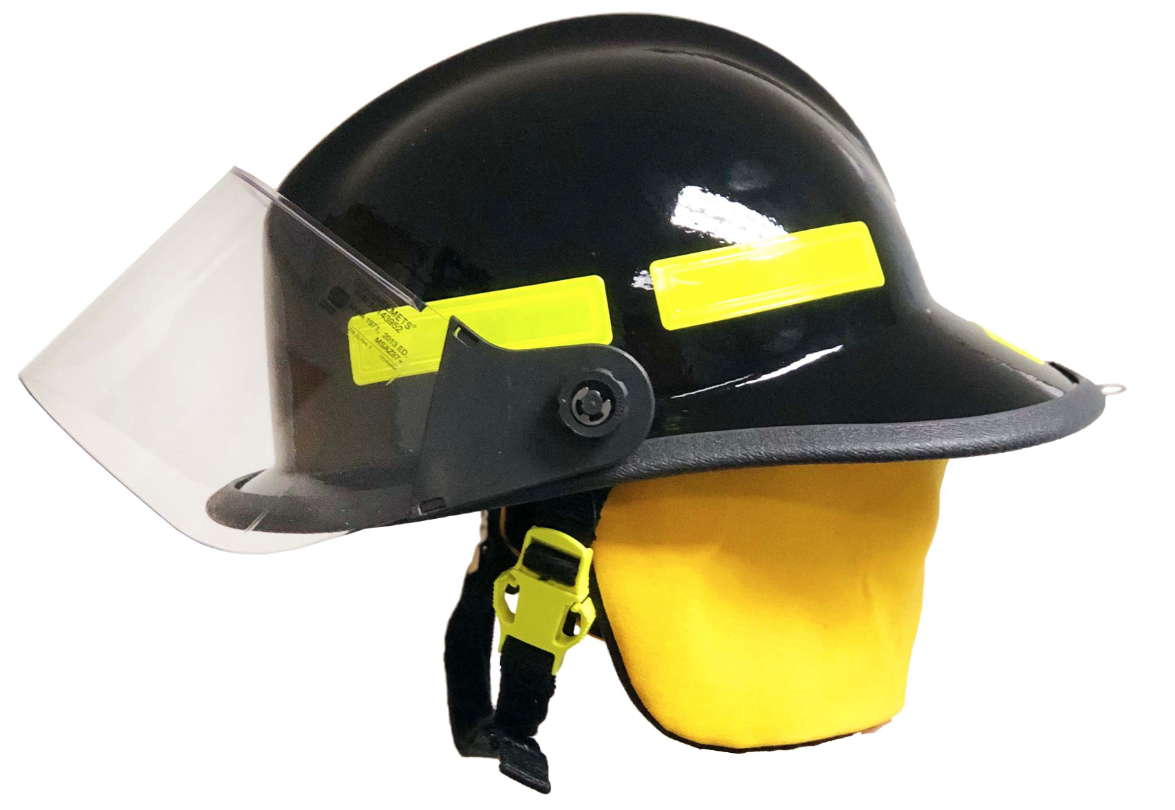 CAIRNS® - 660C Metro, Black, 4“ Standard Faceshield, Standard Flannel Liner, Nomex Earlap, Nomex Chinstrap w/ Quick Release & Postman Slide, Lime/Yellow Reflexite, Bar