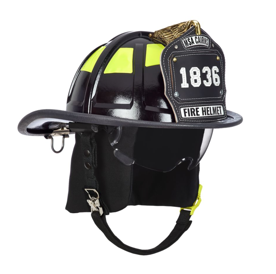 CAIRNS® - 1836 BLACK FIRE HELMET, WITH STANDARD LINER, CLEAR DEFENDER VISOR, BLACK NOMEX EARLAPS, 6" CARVED EAGLE, REFLEXITE LIME YELLOW